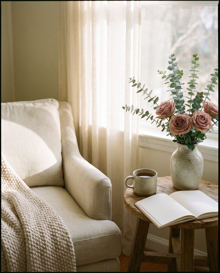A quiet corner with an armchair, an open notebook and eucalyptus
